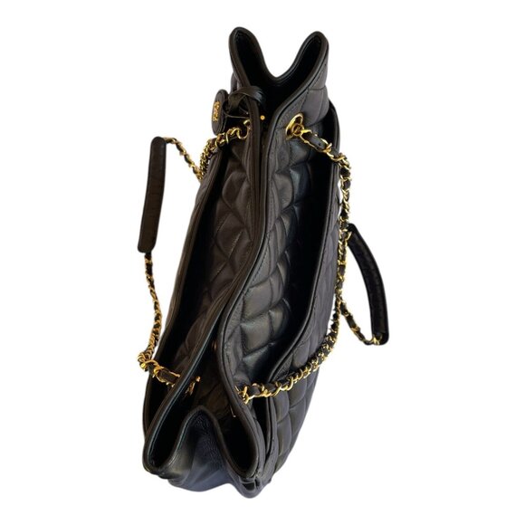 CHANEL Shopper Bag Double Chain Quilted Black Lambskin Large Tote CC Authentic - Picture 13 of 16